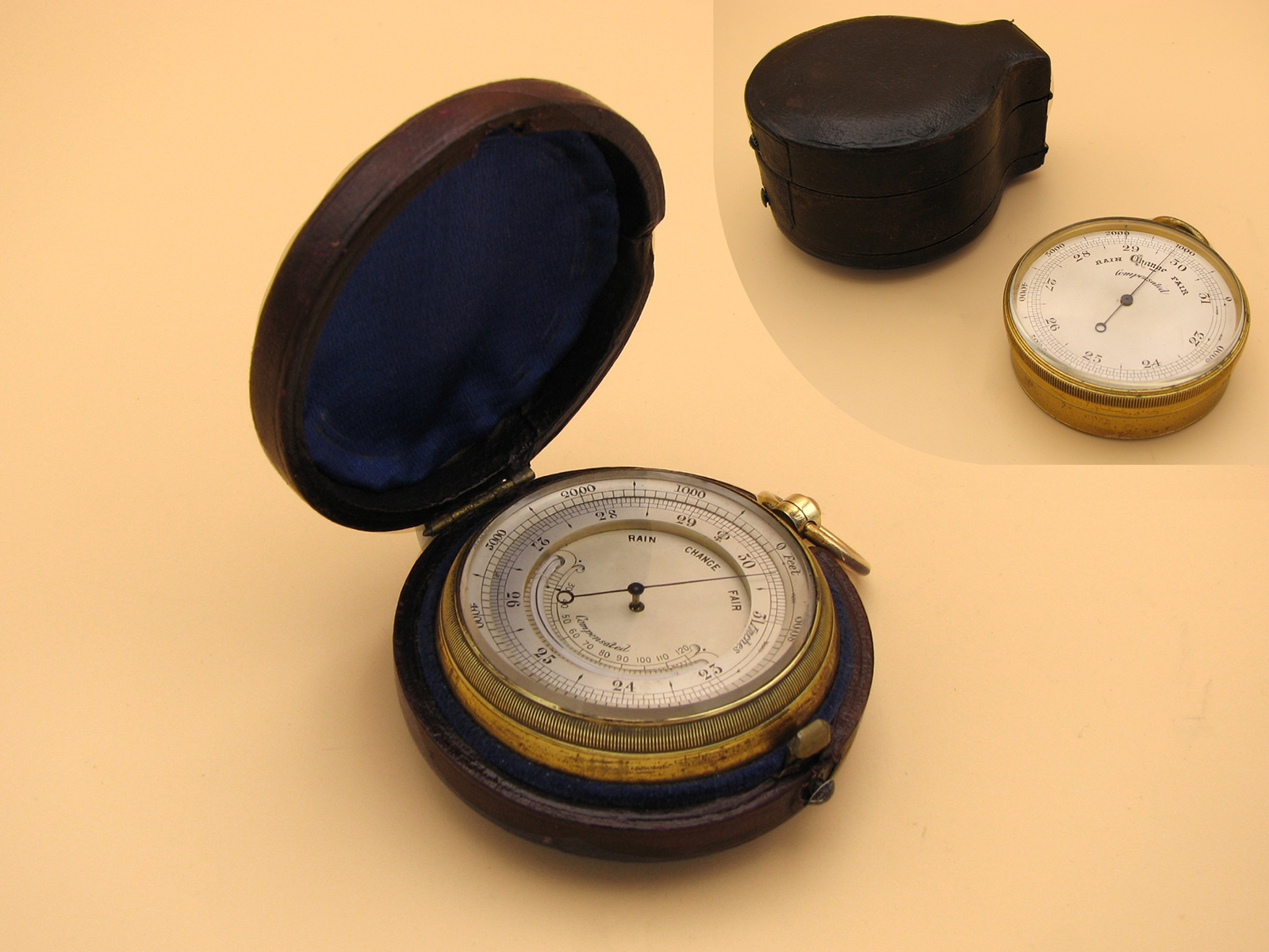 Late 19th century pocket barometer with curved thermometer in outer case
